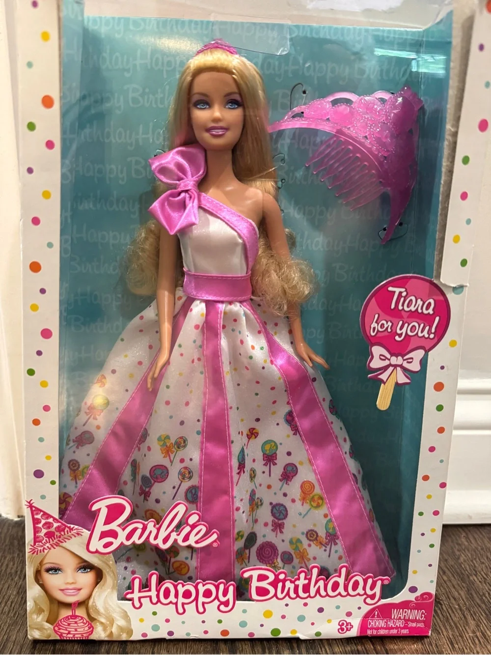 Happy Birthday Barbie Doll with Tiara Lollipop-Pattern Dress